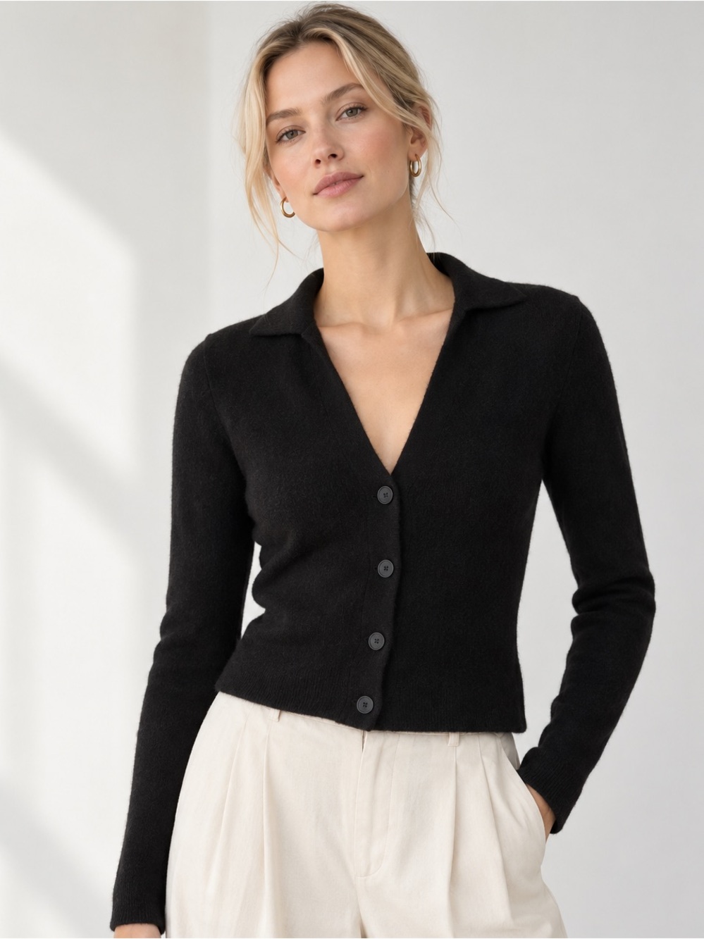 Vince Polo Collar Cashmere Blend Cardigan Black XS Button Front